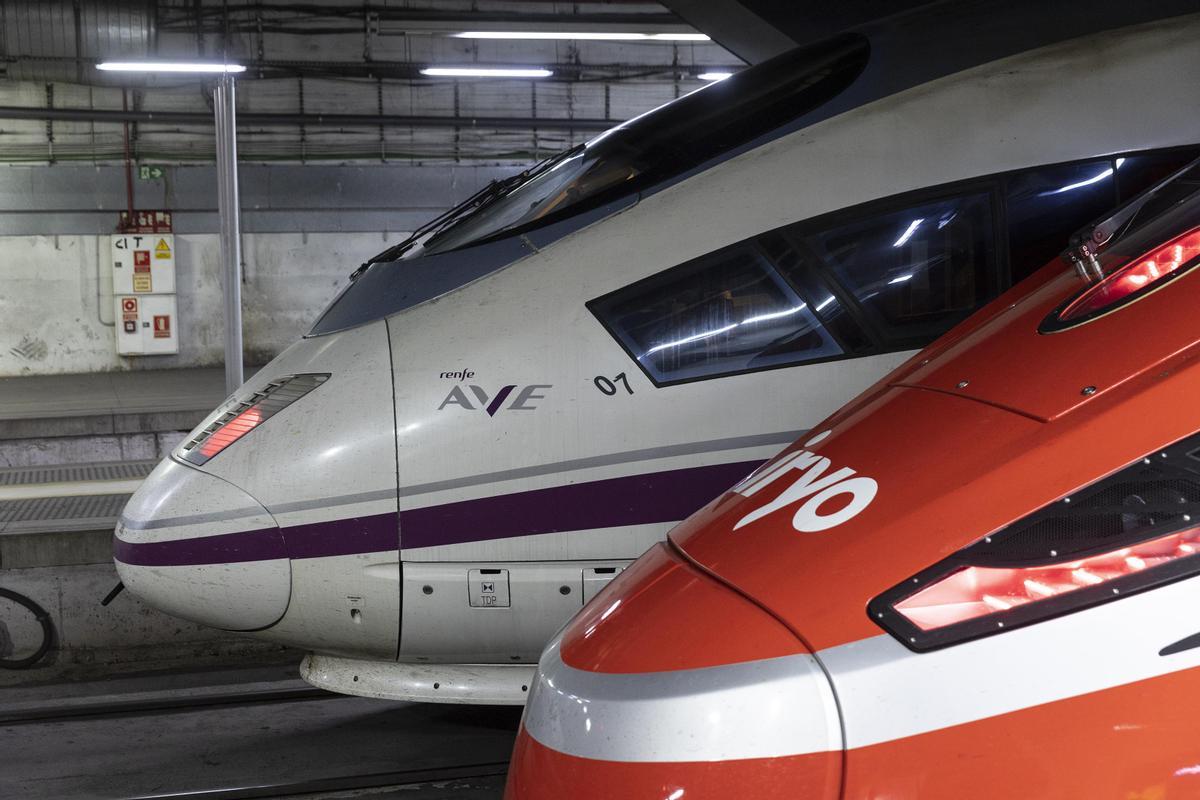 Un AVE y un Iryo, uno al lado del otro, en los andenes de la estación de Sants con destino a Madrid, el martes