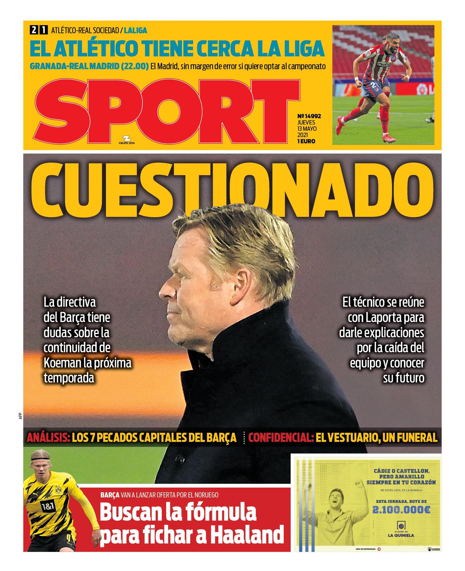 Esta es la portada de SPORT del jueves 13 de mayo de 2021