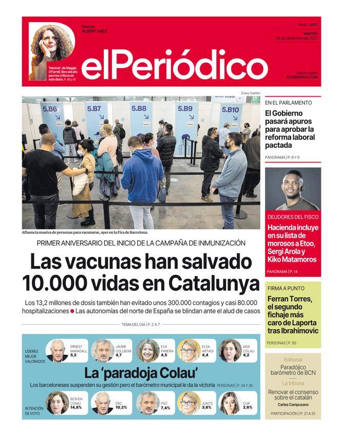 La portada d’EL PERIÓDICO del 28 de desembre del 2021