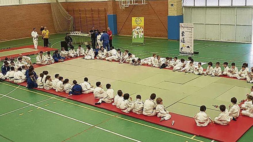 Imagen de los judokas sobre el tatami &quot;en posición seiza&quot; sobre la zona de peligro del tatami.