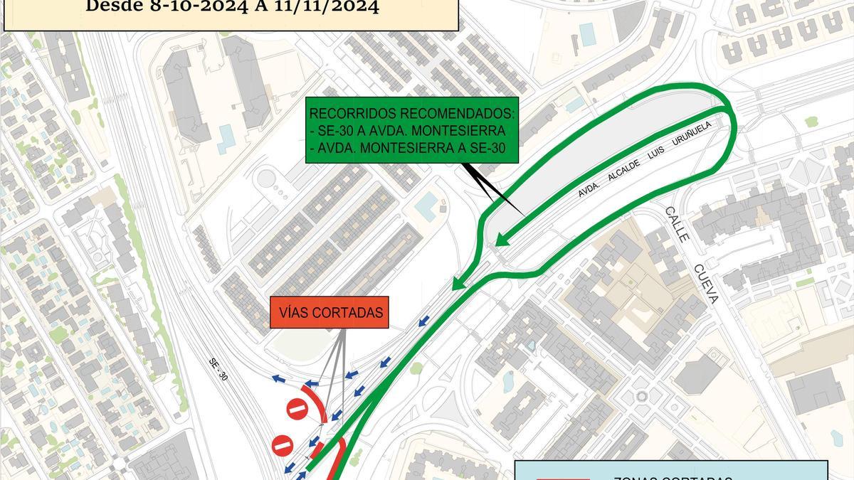 Mapa de los cortes de tráfcio en los accesos a Sevilla Este