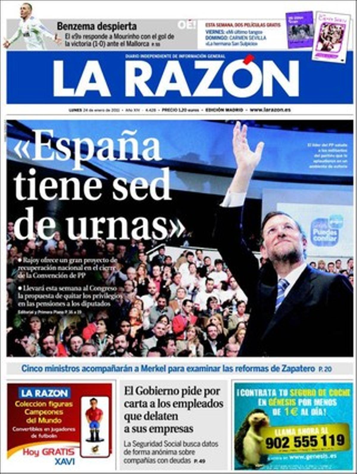’La Razón’ també destaca a dins que Batasuna ’pren’ els pobles on celebra les seves assemblees; que la bancarrota de les autonomies ofega la sanitat --Andalusia i Galícia provoquen una espiral de retallades de medicaments-- i que les grans clíniques privades creen una nova patronal; i, finalment, que la Generalitat de Mas reduirà a la meitat les empreses públiques: en quedaran un centenar i s’eliminaran 15.000 llocs de treball públics.