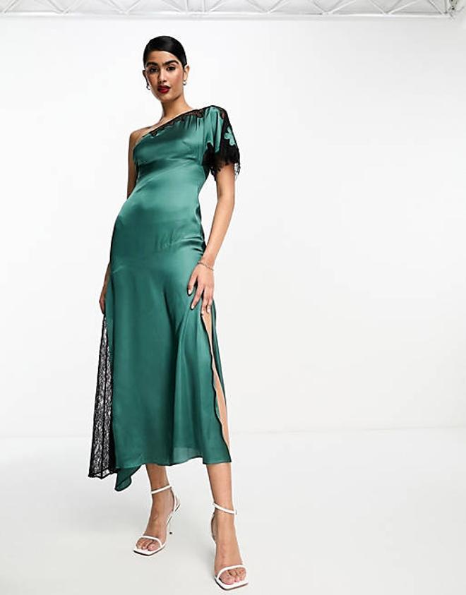 Vestido midi verde oscuro asimétrico con abertura y encaje en contraste de Asos