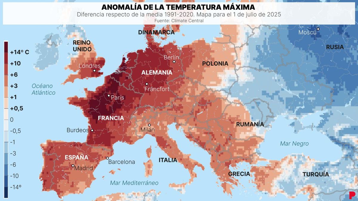 Mapa anomalía de temperatura en Europa (temp. máxima, 1/7/2025)