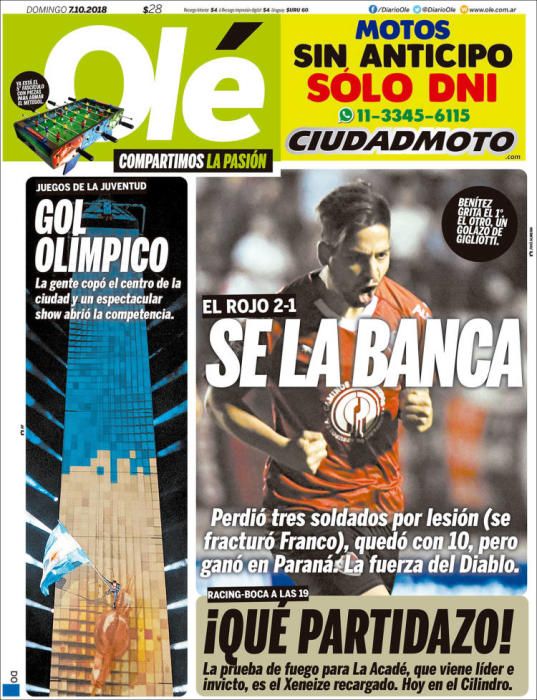 Portada OLÉ domingo 7 de octubre de 2018