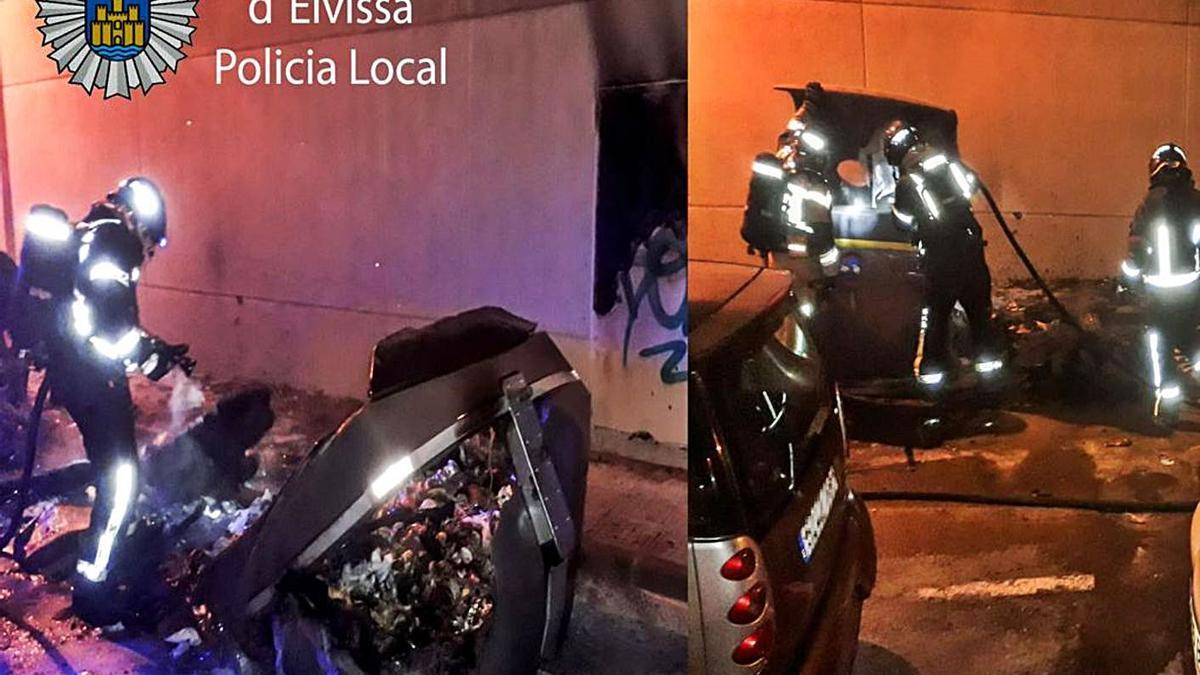 Dos imágenes de los cuatro contenedores quemados en Vila. | AYUNTAMIENTO DE EIVISSA
