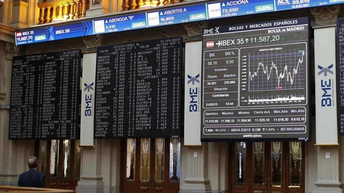 Paneles informativos de la Bolsa de Madrid, con los valores del Ibex.