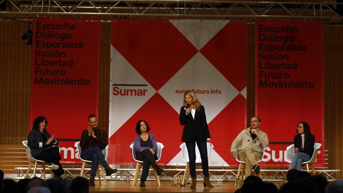 Yolanda Díaz, durante la presentación de Sumar en Zaragoza el pasado mes de diciembre.
