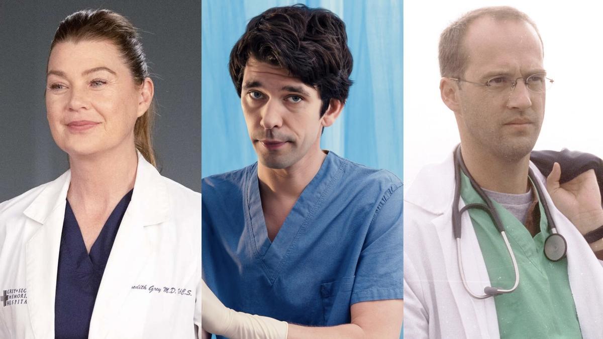 De izquierda a derecha, Ellen Pompeo en 'Anatomía de Grey', Ben Whishaw en 'Esto te va a doler' y Anthony Edwards en 'Urgencias'