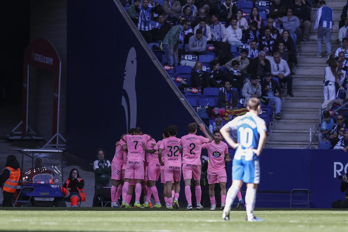 Ferran Jutgla of RC Celta de Vigo celebrates a goal with teammates during the Spanish league, LaLiga EA Sports, football match played between RCD Espanyol and RC Celta de Vigo at RCDE Stadium on February 14, 2026 in Barcelona, Spain. AFP7 14/02/2026 ONLY FOR USE IN SPAIN. Javier Borrego / AFP7 / Europa Press;2026;SPORT;ZSPORT;SOCCER;ZSOCCER;RCD Espanyol v RC Celta de Vigo - LaLiga EA Sports;