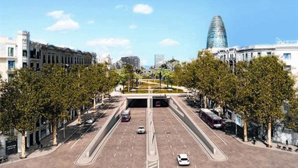 Imagen virtual de las dos bocas del túnel de la Gran Via bajo las Glòries, a la altura de la calle de Castilejos.