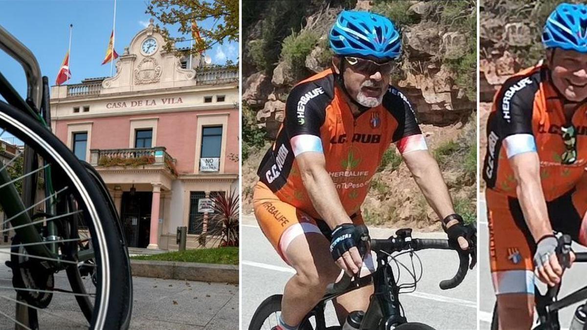 Las banderas del ayuntamiento de Rubí (Vallès Occidental) ondean a media hasta por las muertes de los ciclistas Miguel Moya (izquierda) y Jose María De la Torre (derecha).