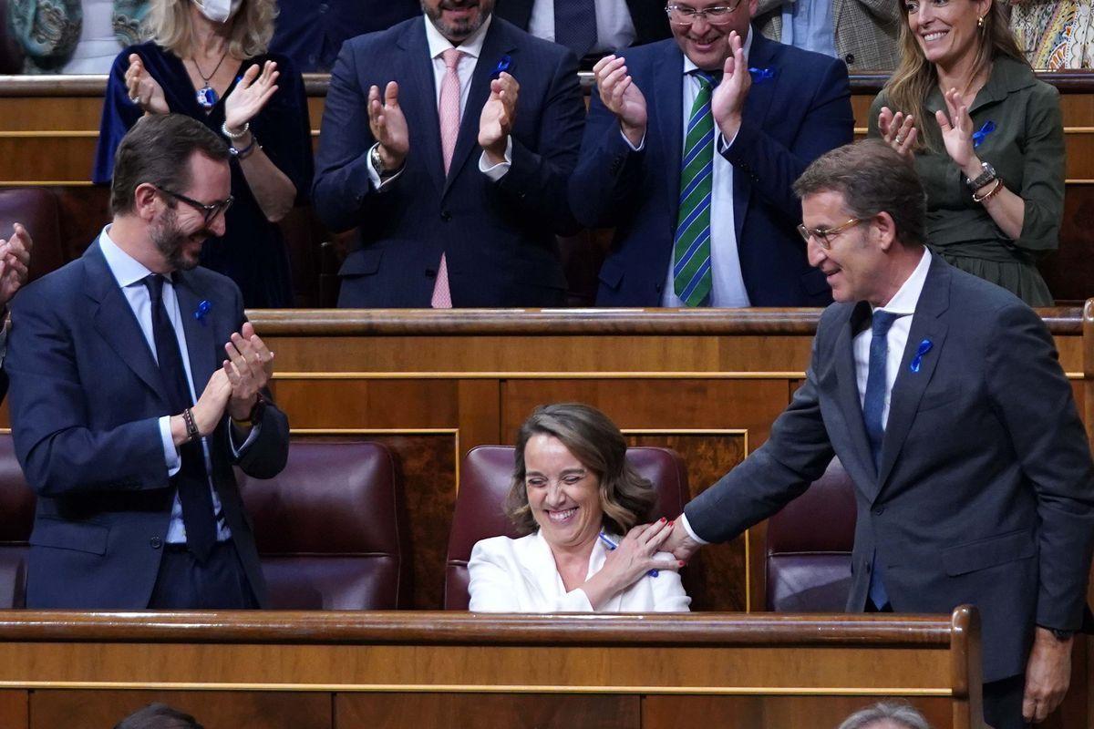 Javier Maroto, Cuca Gamarra y Alberto Núñez Feijóo, en el Congreso.