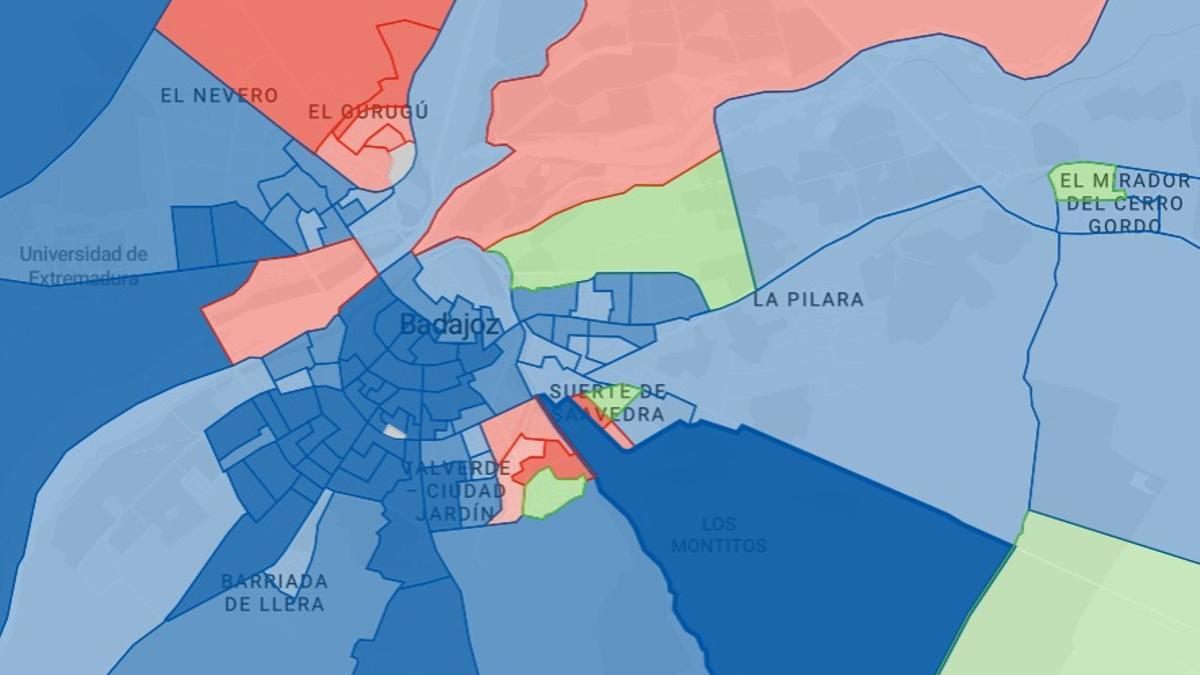Mapa del reparto de ganadores en los barrios de Badajoz: PP (azul), PSOE (rojo) y Vox (Verde).