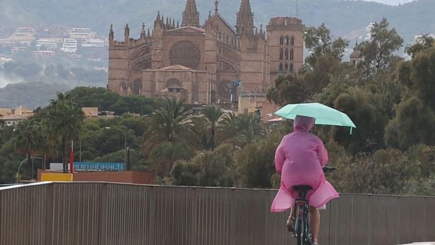 Eine Frau fährt während des Unwetters Fahrrad und schützt sich mit einem Regenschirm. Im Hintergrund die Katedrale von Palma.