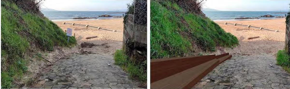 Estado actual del camino de acceso a la playa y actuación proyectada, con un banco corrido de madera.