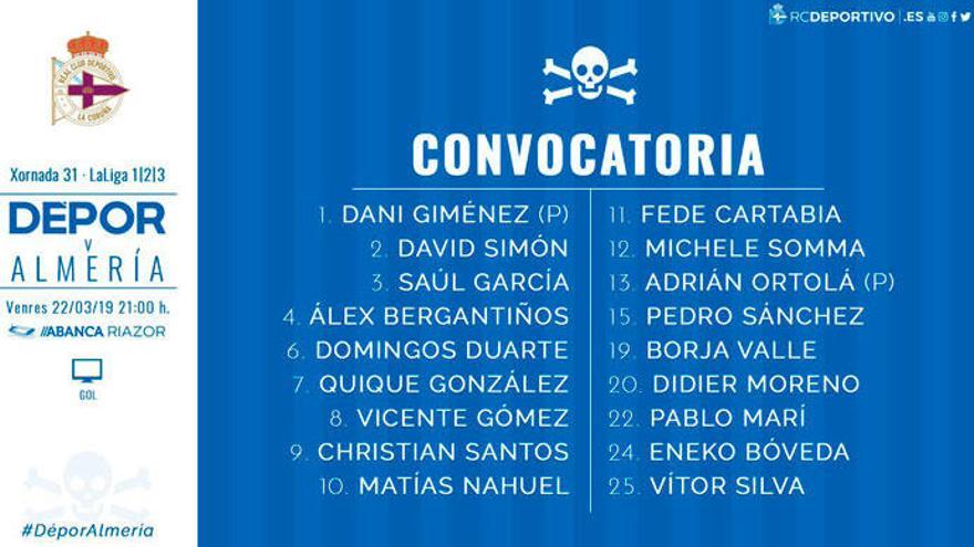 Vítor Silva se estrena en la lista del Dépor, sin Mosquera