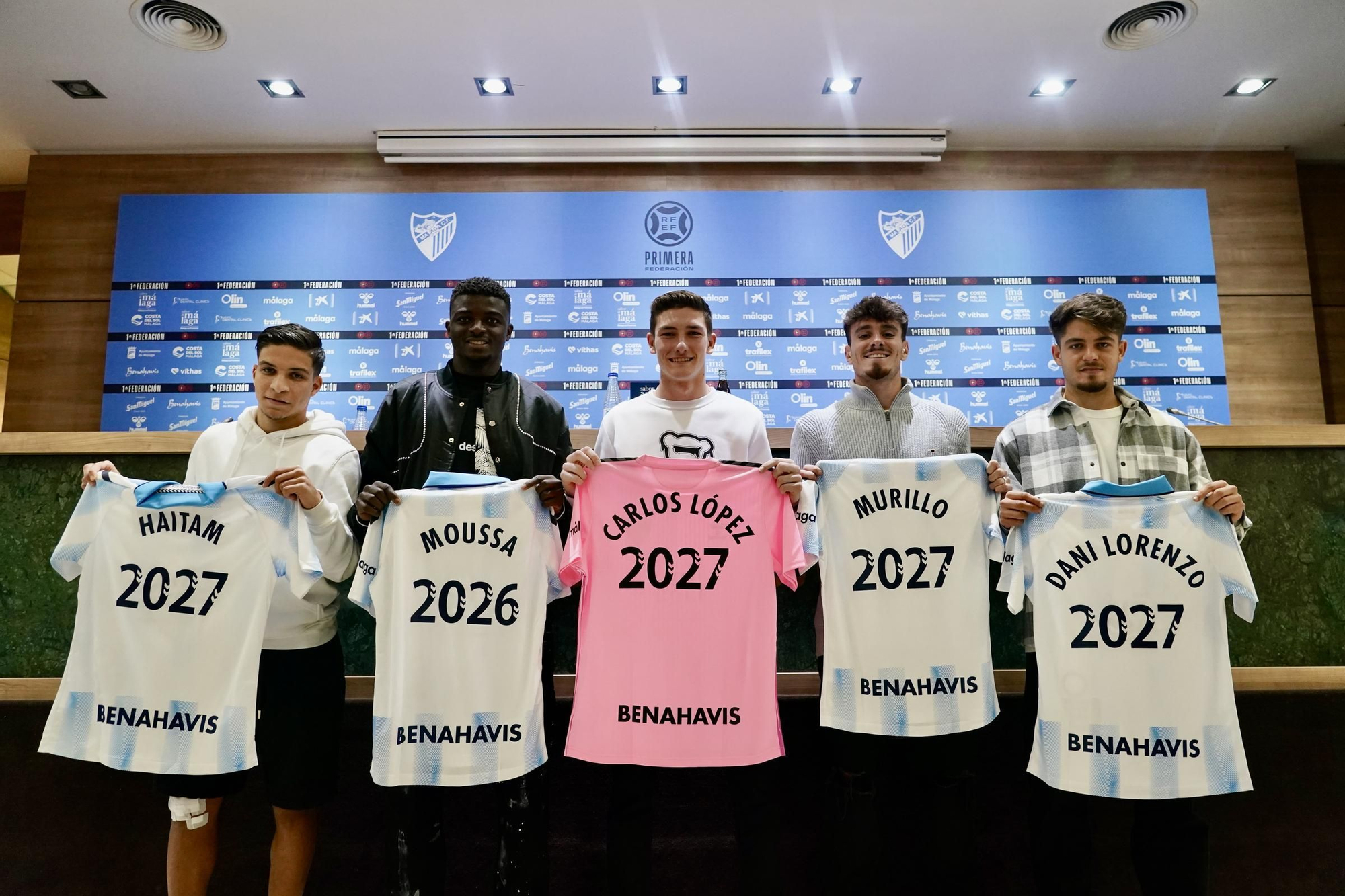 Presentación de Carlos López, Moussa, Murillo, Dani Lorenzo y Haitam, renovados con el Málaga CF