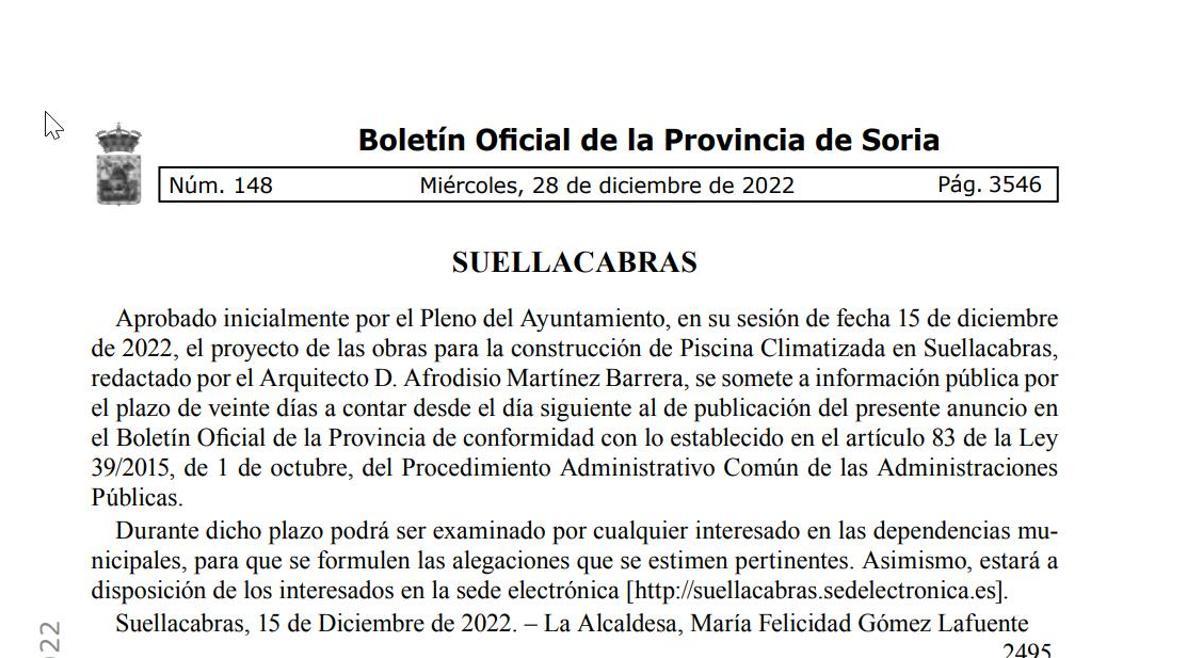 Extracto del Boletín Oficial de Soria donde se anuncia la construcción de la piscina