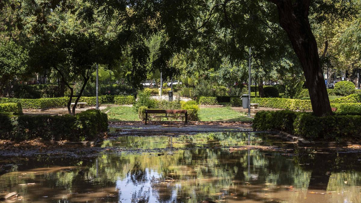 Jardín de Blaco Ibáñez encharcado tras una tormenta reciente.