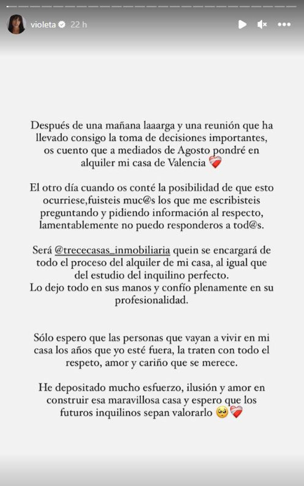 Violeta Mangriñán publica un 'stories' sobre el alquiler de su casa de Valencia.