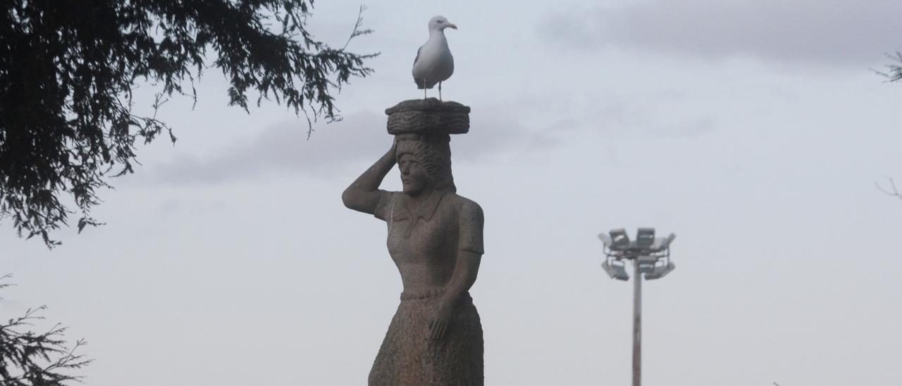 Una gaviota sobre una de las esculturas del entorno de Rosalía de Castro.