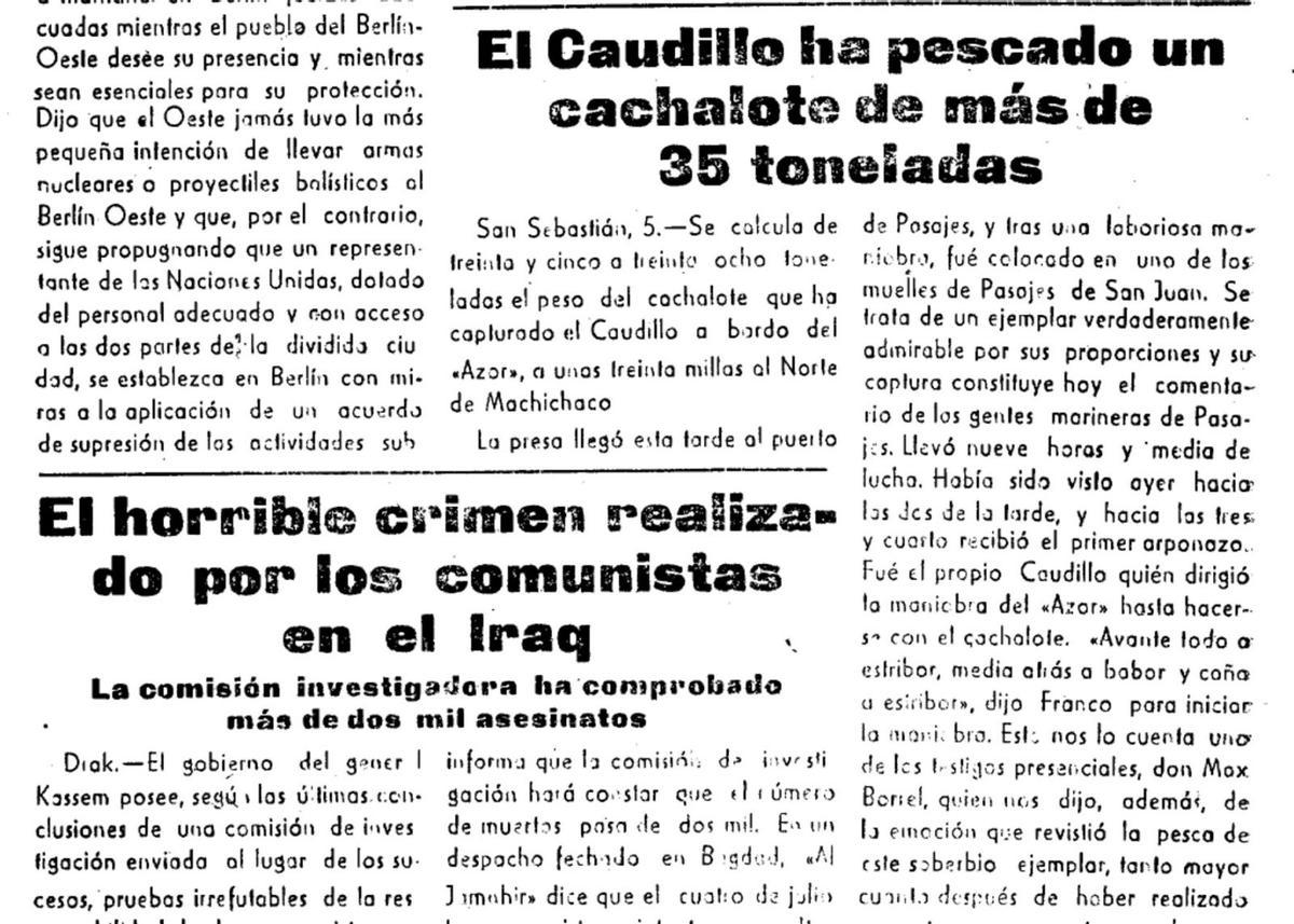 En la portada de agosto de 1959, este diario
 se hizo eco de que Franco había 
pescado un cachalote. 