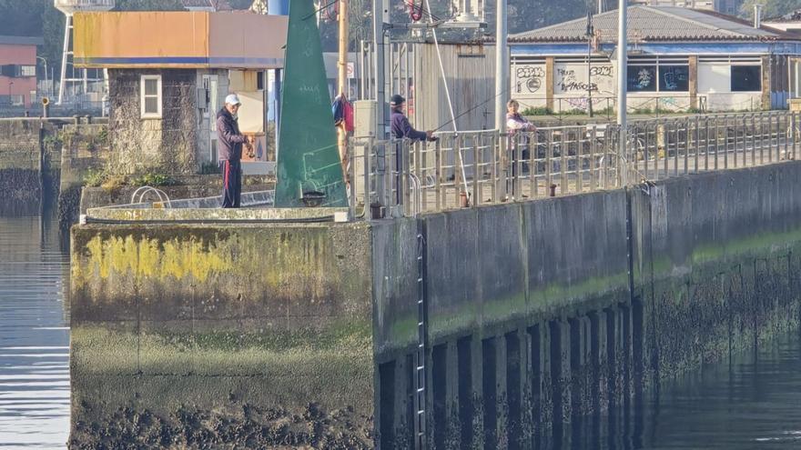 Pescadores deportivos en el muelle de pasajeros de Vilagarcía.