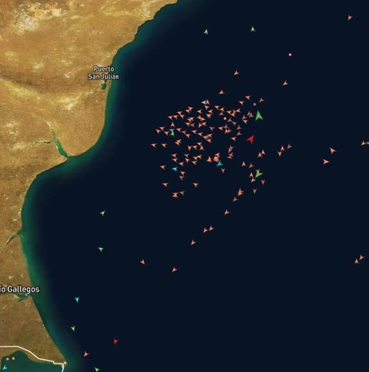Buques extranjeros, en naranja, dentro de la ZEE de Argentina