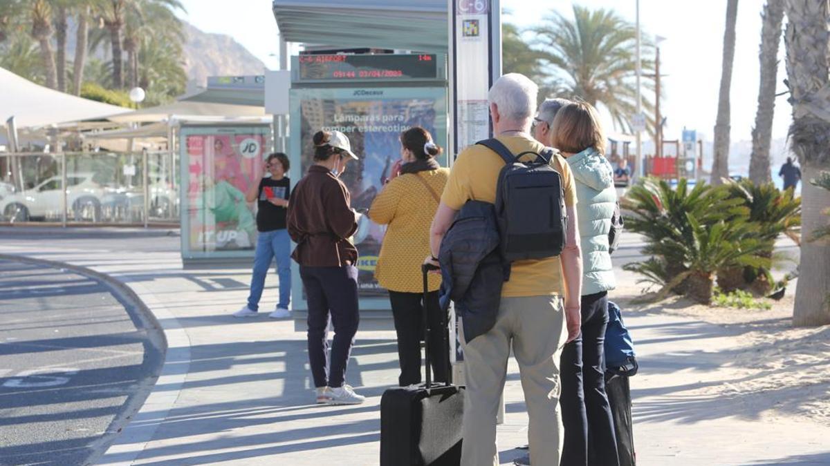 Un grupo de turistas espera la llegada de un autobús de la línea C-6.