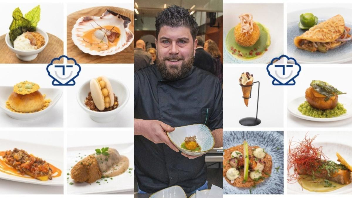 Tapas del concurso y, al centro, Pepe Brea, de la Bodeguilla de Santa Marta, muestra su propuesta.