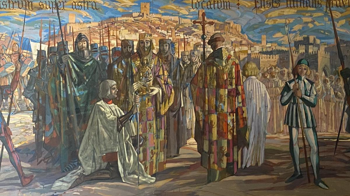 Mural del pintor Manuel Muñoz Barberán sobre la conquista de Lorca por el rey Alfonso X que se mostrará en la antigua iglesia de Santa María.