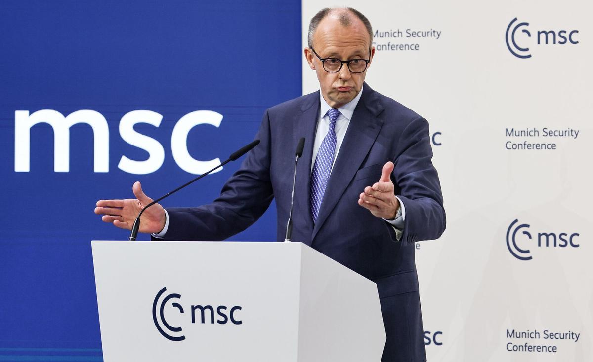El canciller alemán, Friedrich Merz , durante su discurso de apertura de la Conferencia de Seguridad de Múnich, este viernes.