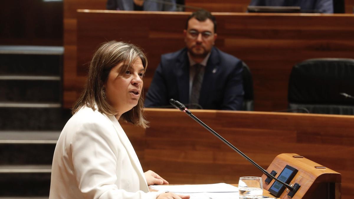 Gimena Llamedo interviene en la Junta con Barbón de fondo.