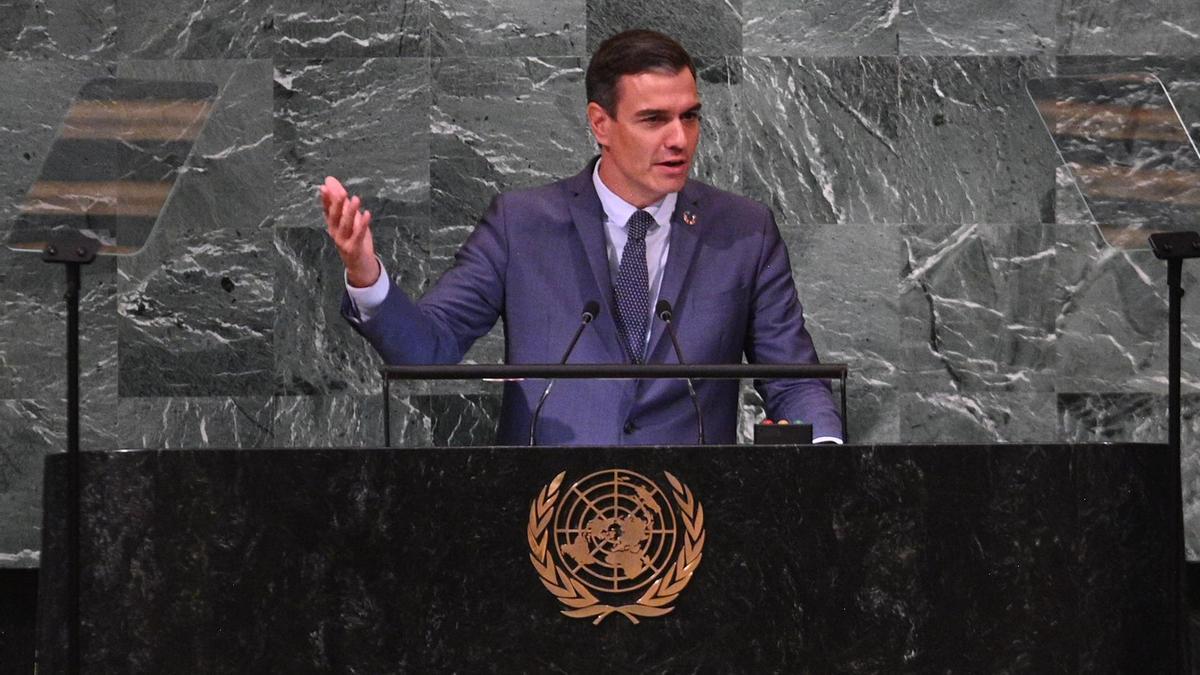 El presidente del gobierno español, Pedro Sánchez, en su discurso ante la Asamblea General de la ONU, en Nueva York.
