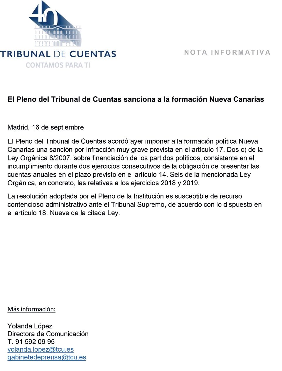 Documento del Tribunal de Cuentas