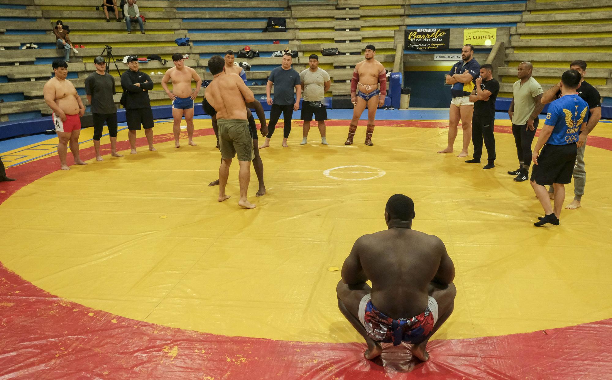 Luchadores de diferentes países entrenando para el homenaje a Juan Espino