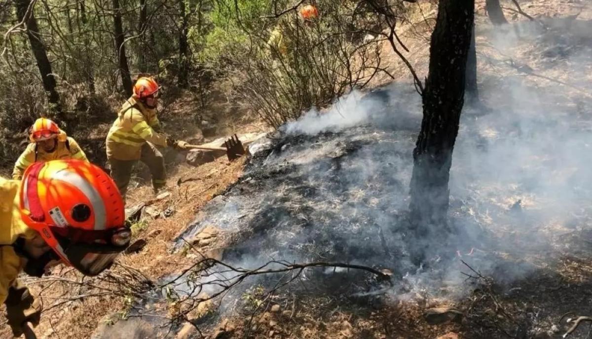Bomberos forestales del Infoex sofocan y refrescan una zona afectada por las llamas para evitar posibles reproducciones.