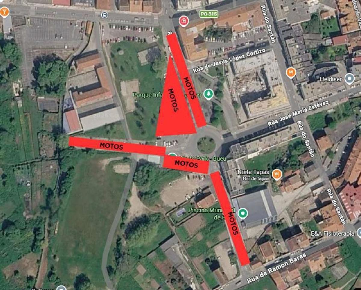 Plano con las zonas delimitadas para el estacionamiento de motos durante la concentración motera de este fin de semana en Bueu.