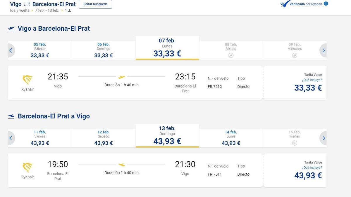 Página web de Ryanair con vuelos a la venta entre Vigo y Barcelona.