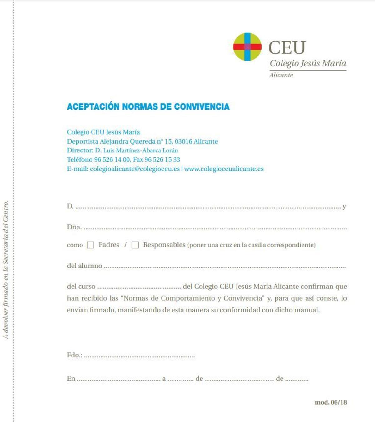 Modelo de aceptación de las normas de convivencia del CEU Jesús María de Alicante.