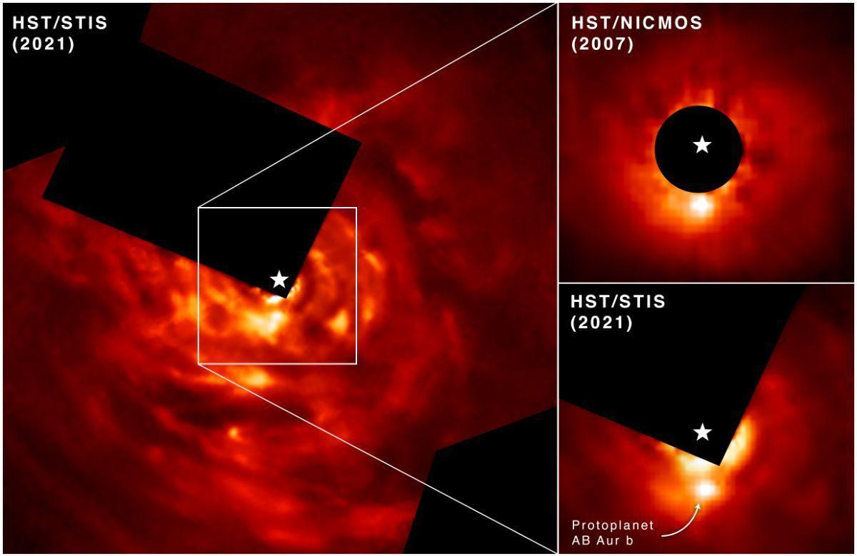 En la parte superior derecha, la imagen capturada en 2007 muestra a AB Aurigae b en una posición hacia el sur en comparación con su estrella anfitriona. En tanto, la imagen obtenida en 2021 (abajo y a la izquierda) muestra que el protoplaneta se ha movido en sentido antihorario a lo largo del tiempo.