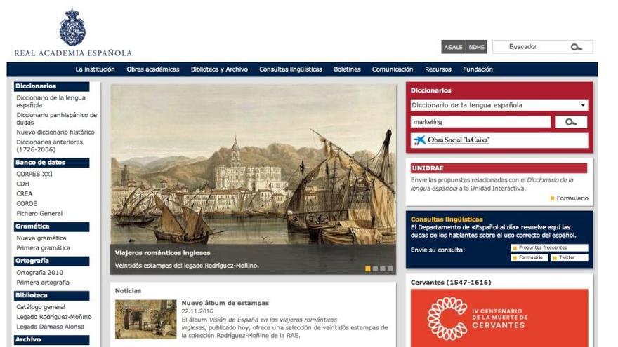 Página web de la RAE con el grabado de la Málaga de 1838.