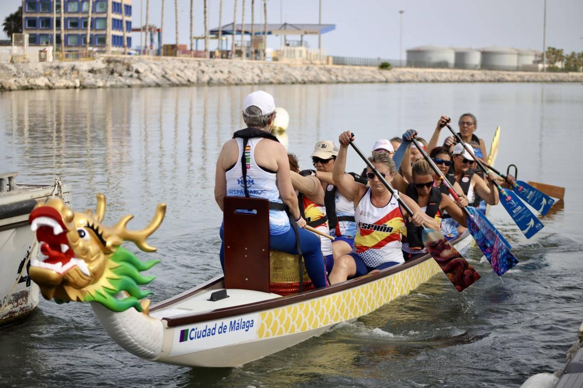 MLG 22-07-2026.-La Asociación española de Boat Dragón, formada por mujeres supervivientes de cáncer de mama, entrenan cada tarde en el pantalán ubicado en el puerto de la ciudad y donde han sido subcampeonas en Múnich.