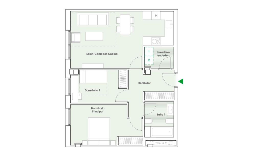 Piso de 2 Dormitorios. 62,55 m2 útiles. 84,53 m2 construidos. Garaje. Trastero. Desde 137.000€