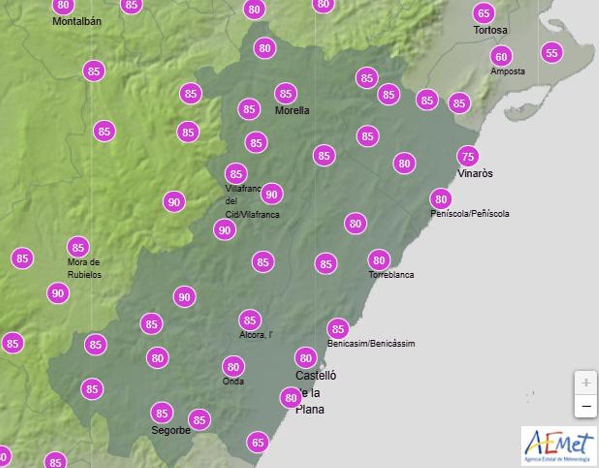 Previsión de lluvia en Castellón el lunes entre las 12.00 y las 18.00 horas.