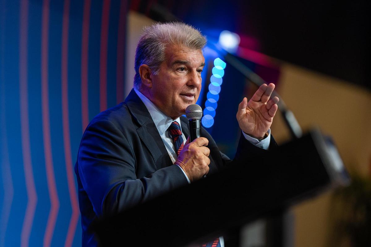 Joan Laporta, presidente del Barça, este lunes en el Auditori 1899.