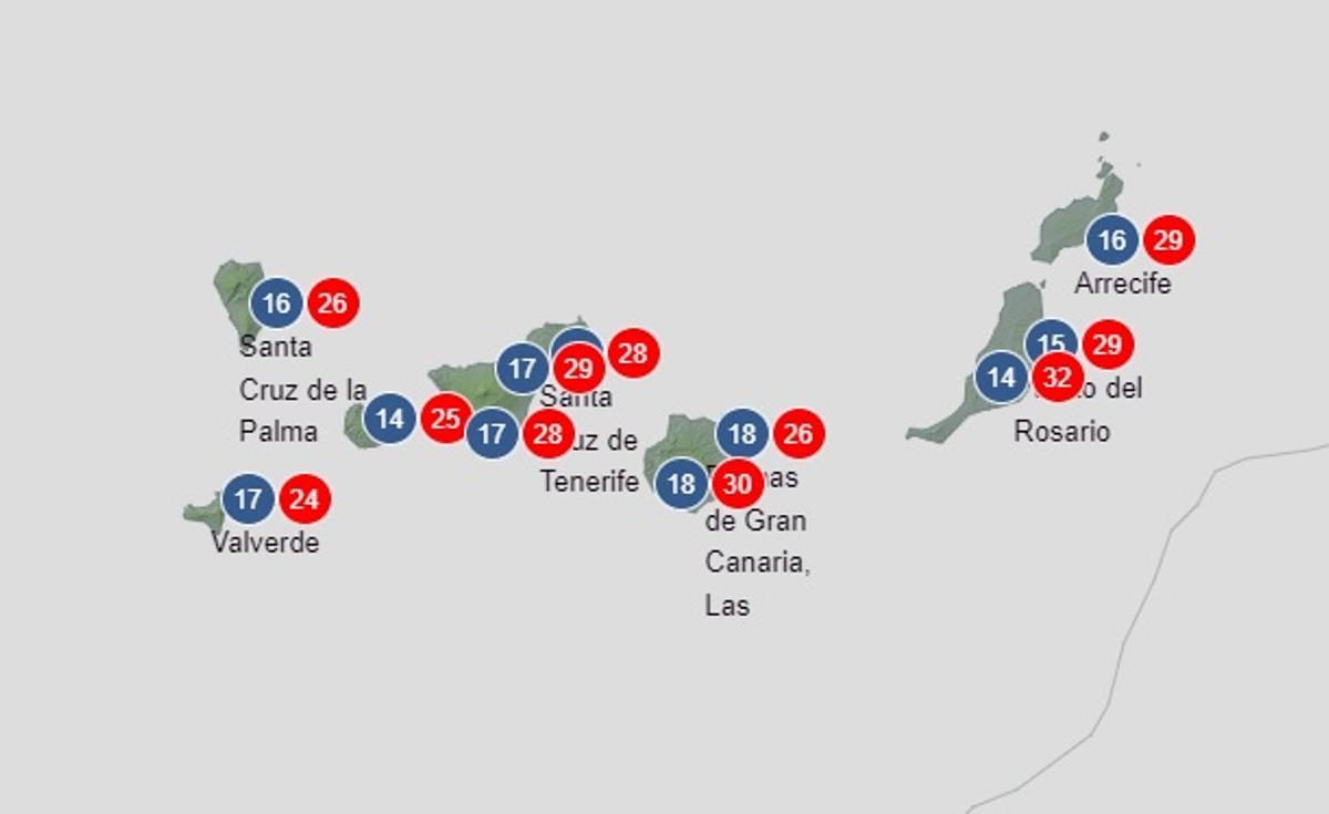 Mapa de la AEMET sobre las temperaturas en Canarias este viernes, 15 de marzo