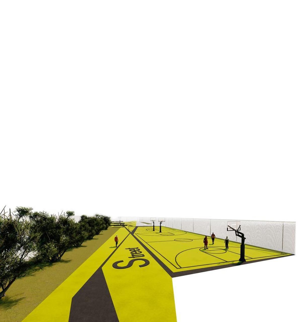 Zona deportiva, con la cancha de baloncesto