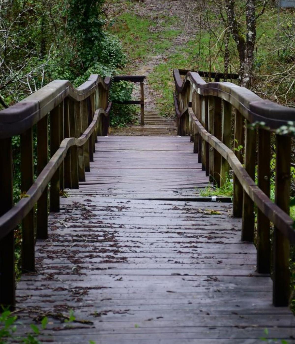 A la izquierda, el puente de madera que permite acceder desde Agolada y, sobre estas líneas, la pista, llena de socavones.   | // J.R.MOIRE